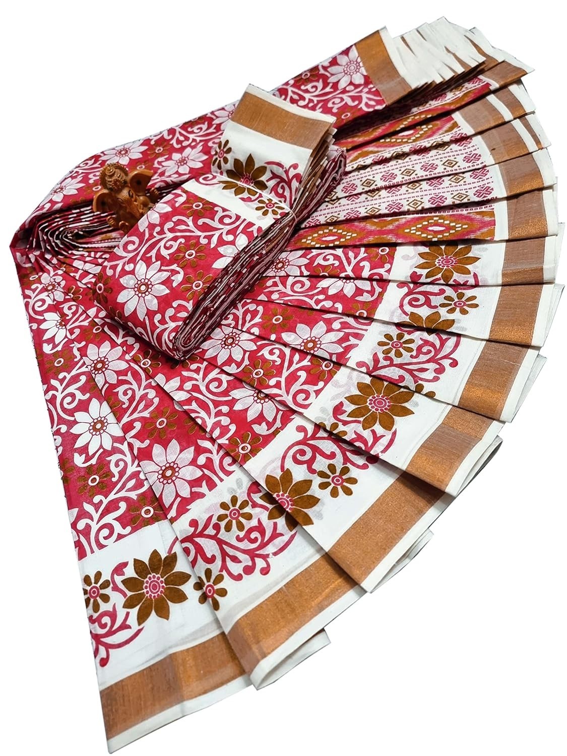Women’s Kerala Kasavu Printed Saree With Running Blouse