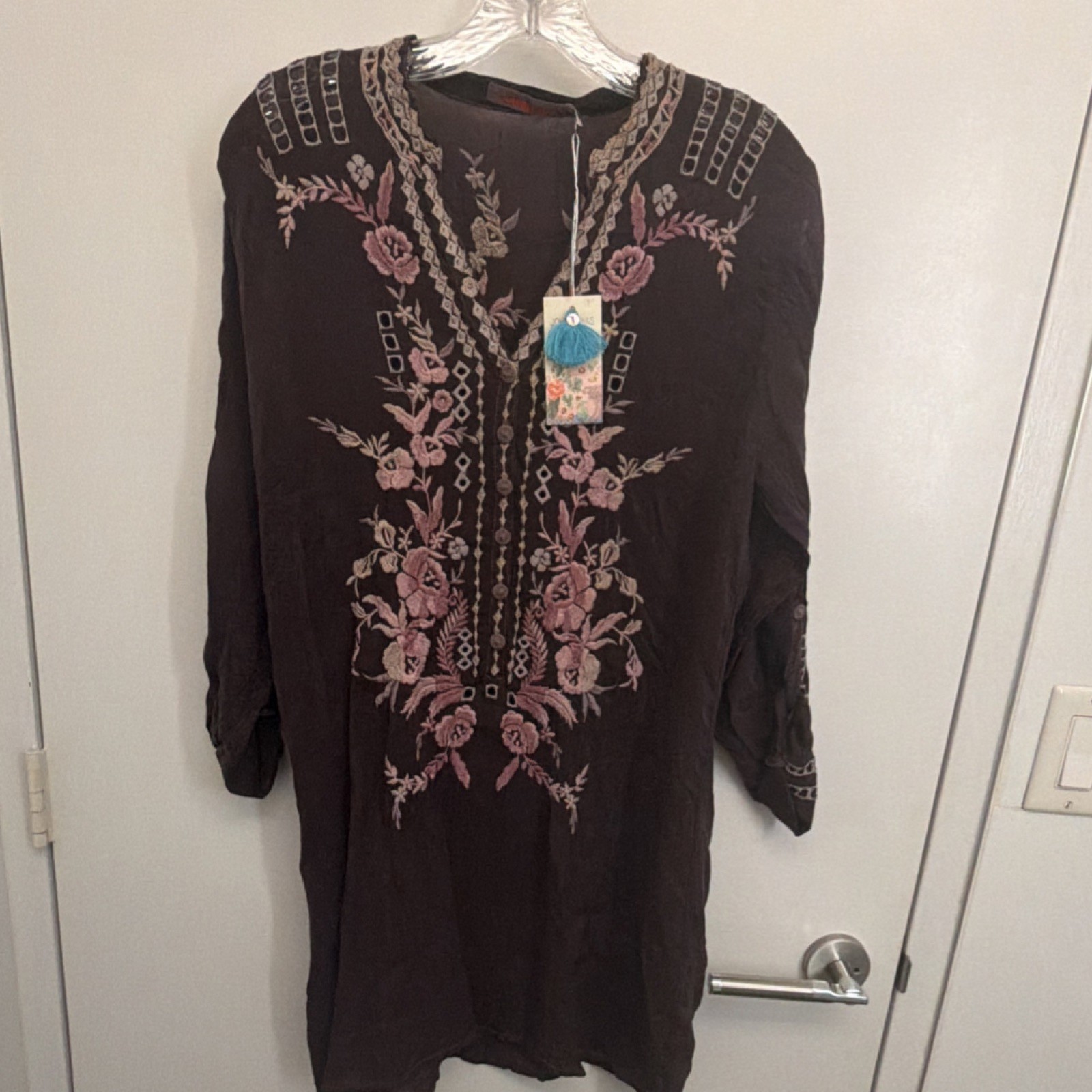 Johnny Was Brown Cotton Embroidered Kurti Floral Design Women’s Size M