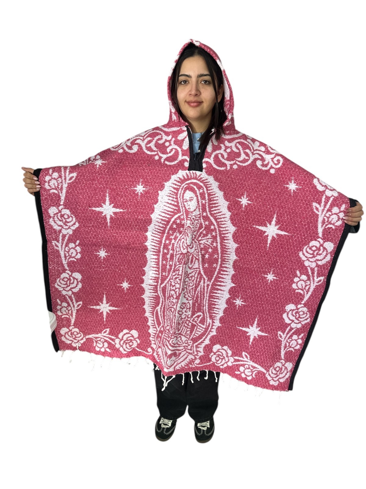 MEXICAN PONCHO WITH HOOD , VIRGEN DE GUADALUPE , BLANKET , ONE SIZE , SOFT PINK