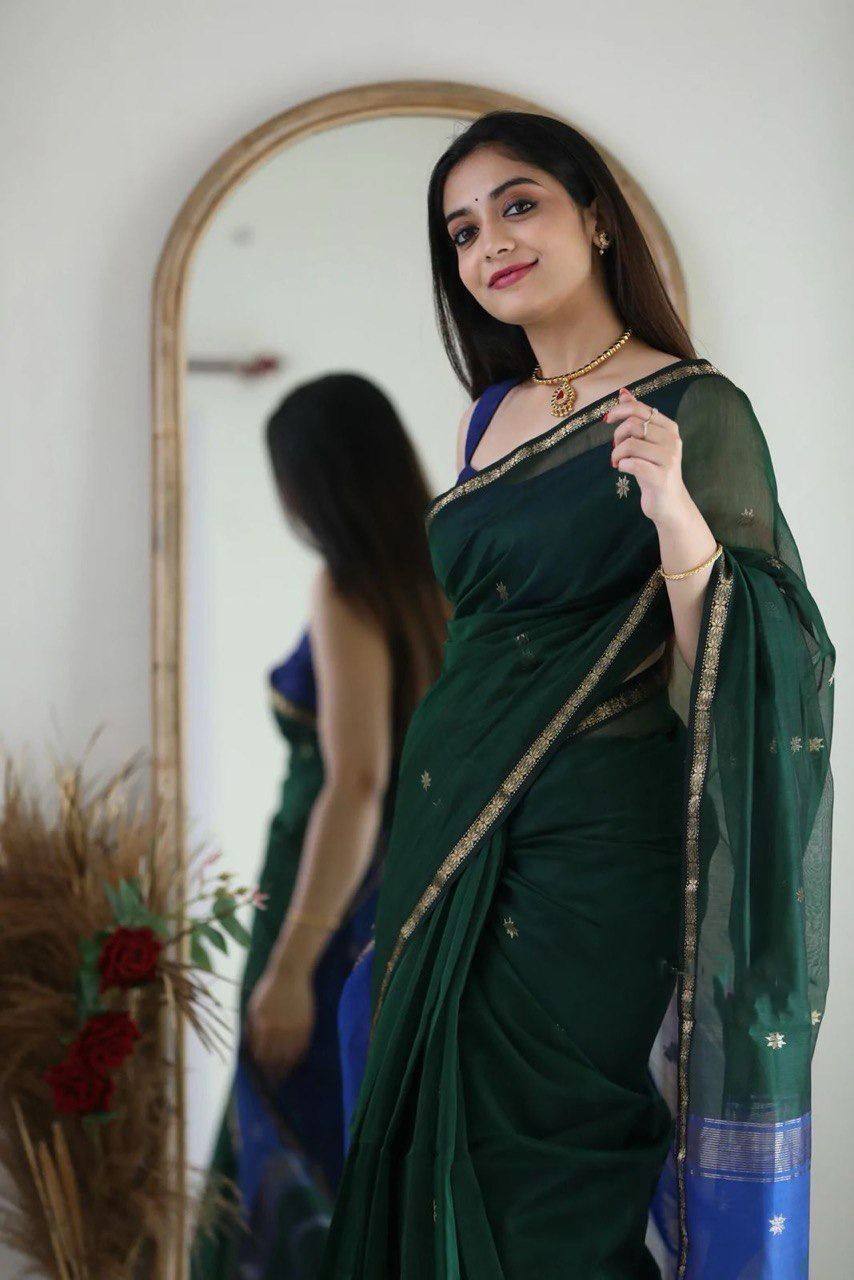 Soft Linen Cotton Saree Jacquard Wedding Party Wear Traditional Indian Sari