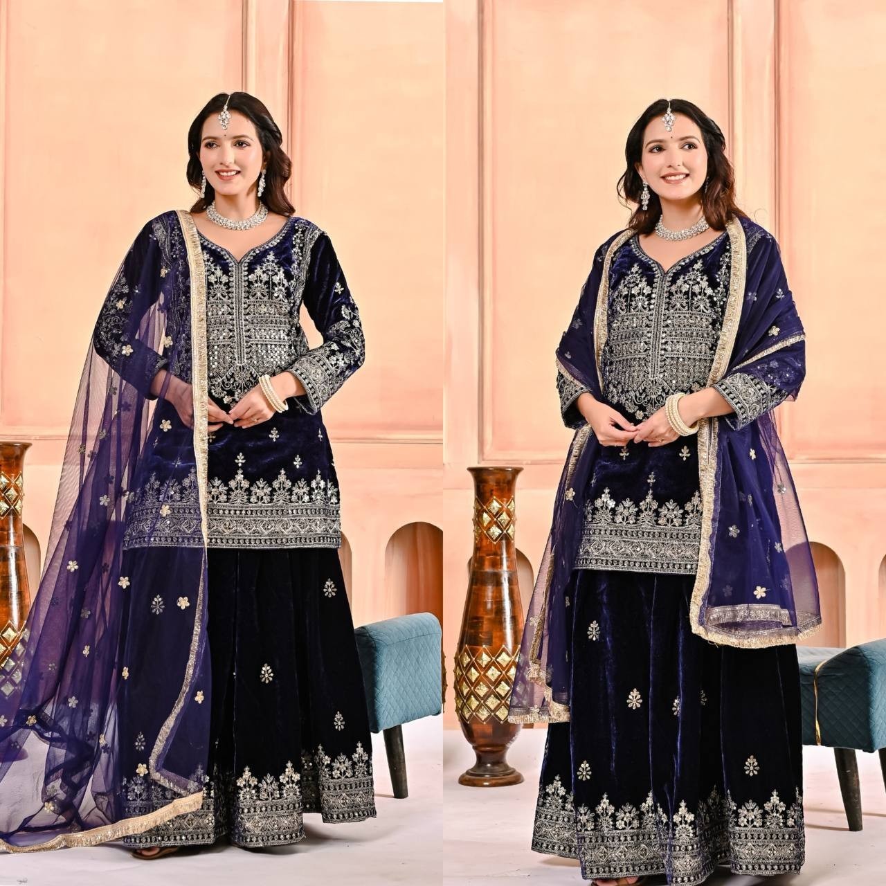 Attractive Designer Viscose Velvet Kurta Palazzo With Net Dupatta For Women