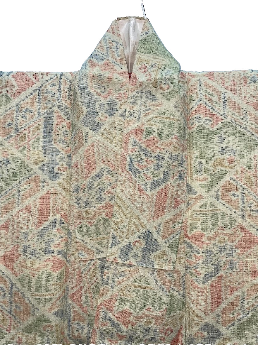 Vintage Tsumugi Kimono Silk Handwoven Geometric Pattern Japan Traditional Awase