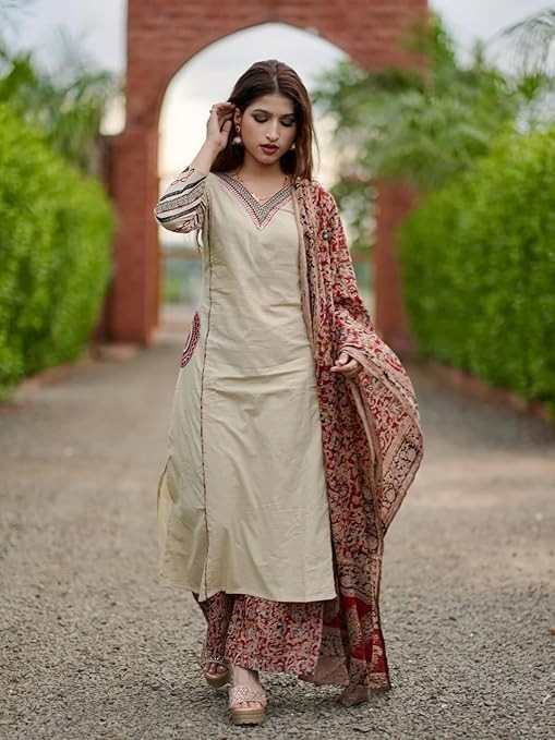 Women Rayon Beige Printed Indian Kurta With Pant & Dupatta ,Casual Salwar Kameez