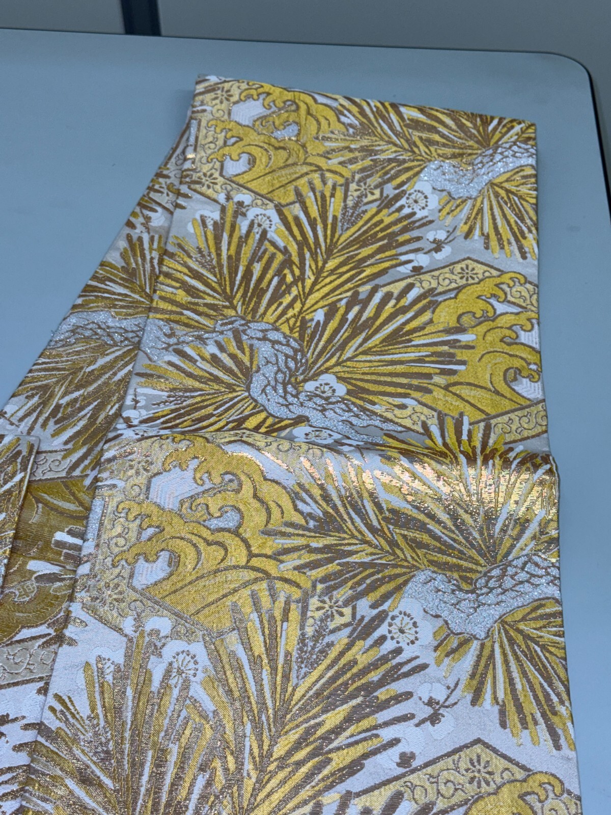 Japanese Vintage Kimono Maru Obi silk Gold Embroidery Reversible 153.5×11.8in