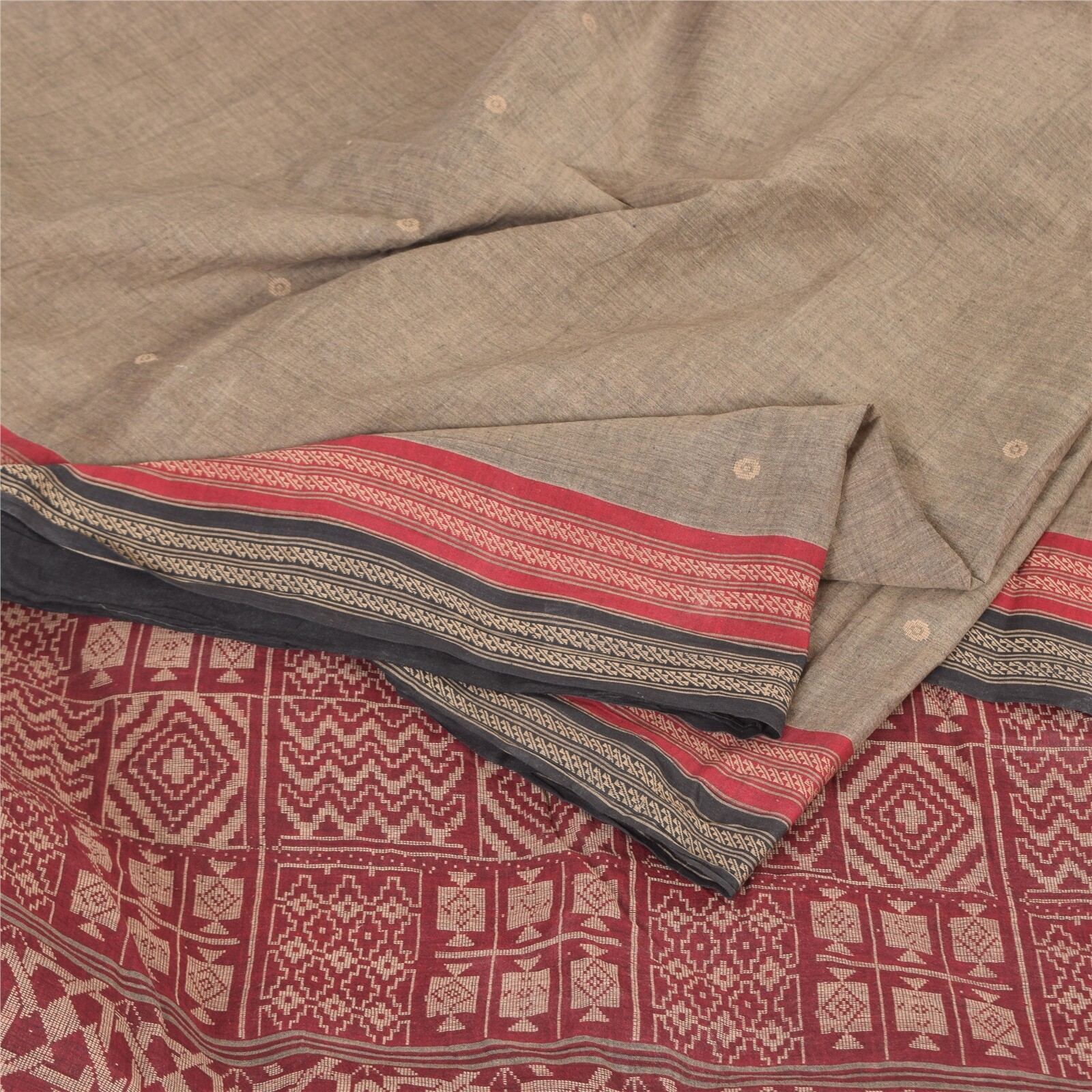 Sanskriti Vintage Dark Red/Green Sarees Pure Cotton Hand Woven Sari Craft Fabric