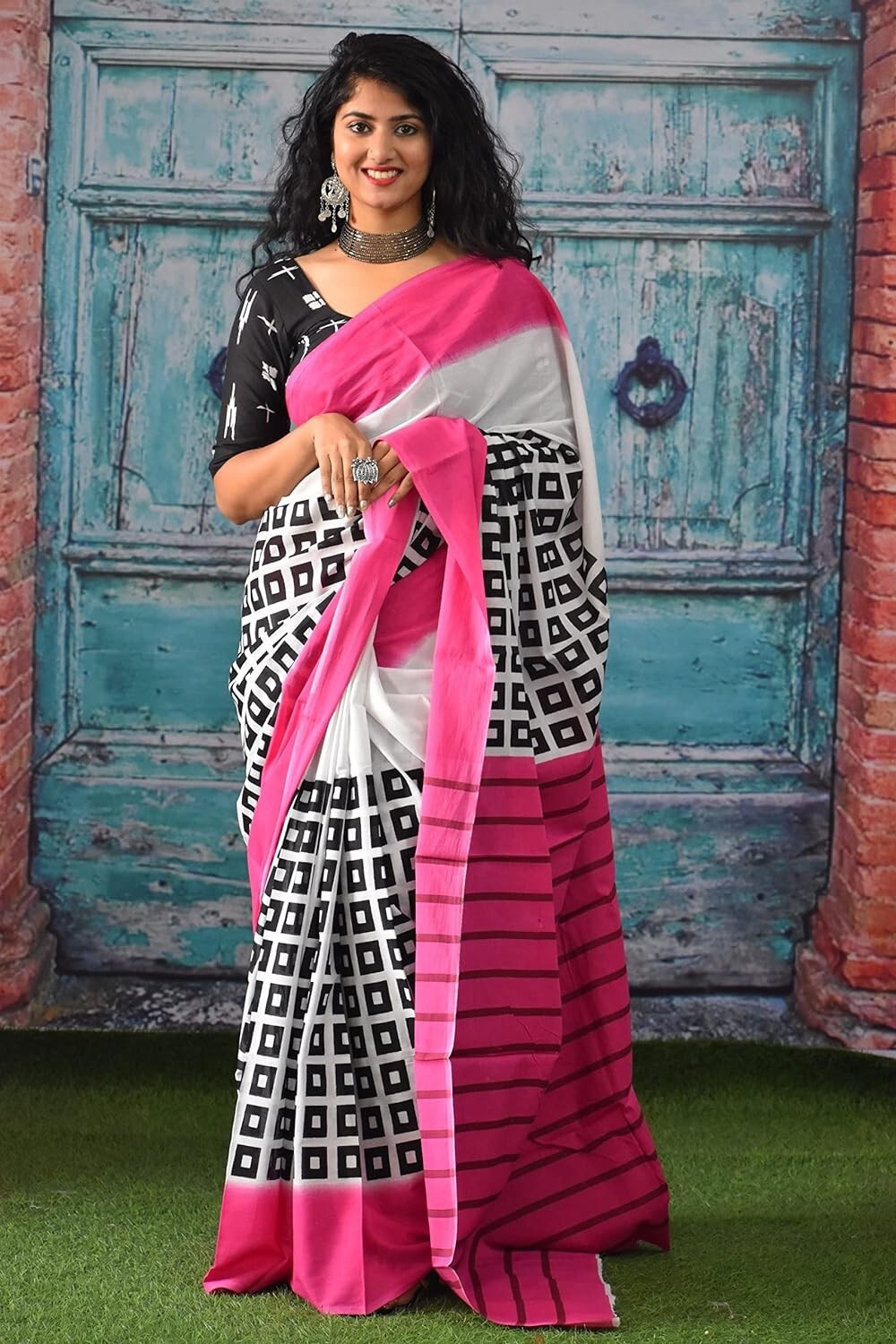 Women’s Ikat Hand Block Print Jaipuri Cotton Mulmul Saree with Blouse Piece