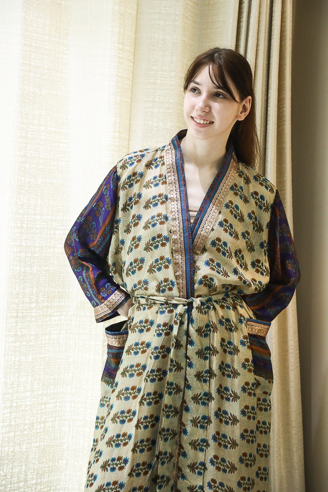Pure Silk Boho Long Kimono /Vintage Sari Robe / Luxury Resort Wear PS KMO5145
