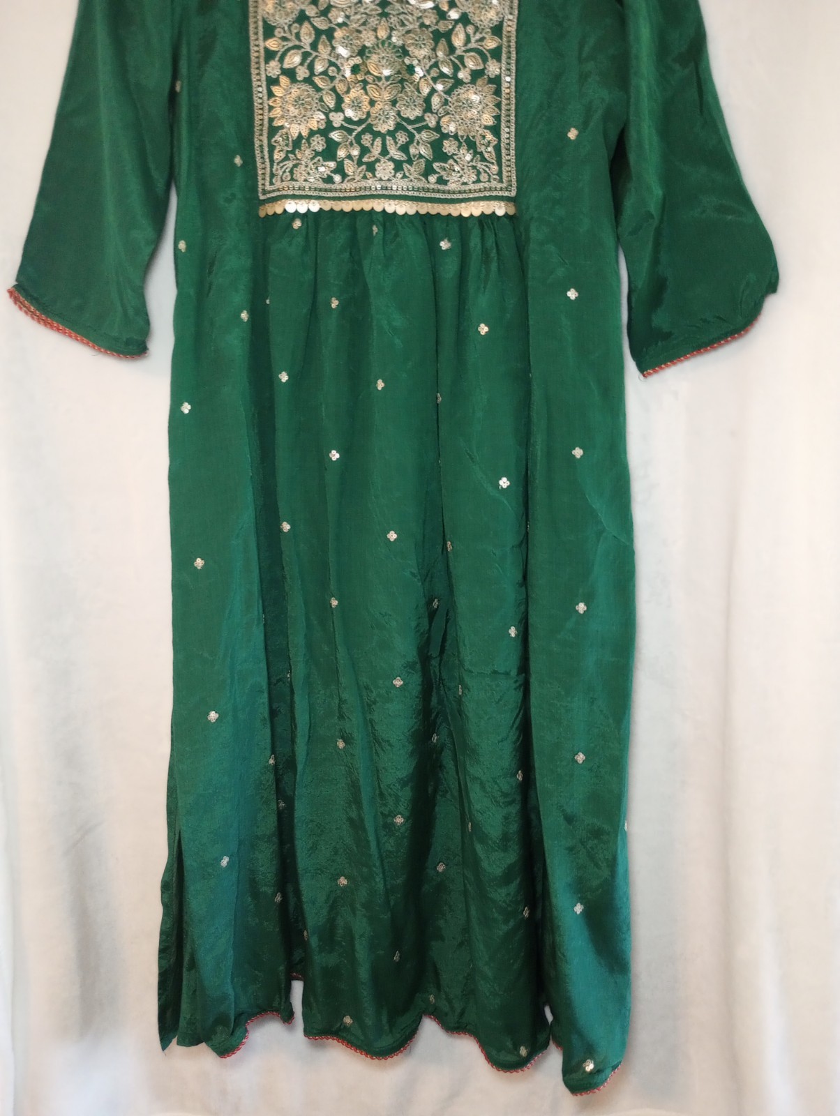 Green Metallic India Gold Embroidery Modest Basic Kurta Dress Ceremony Outfit