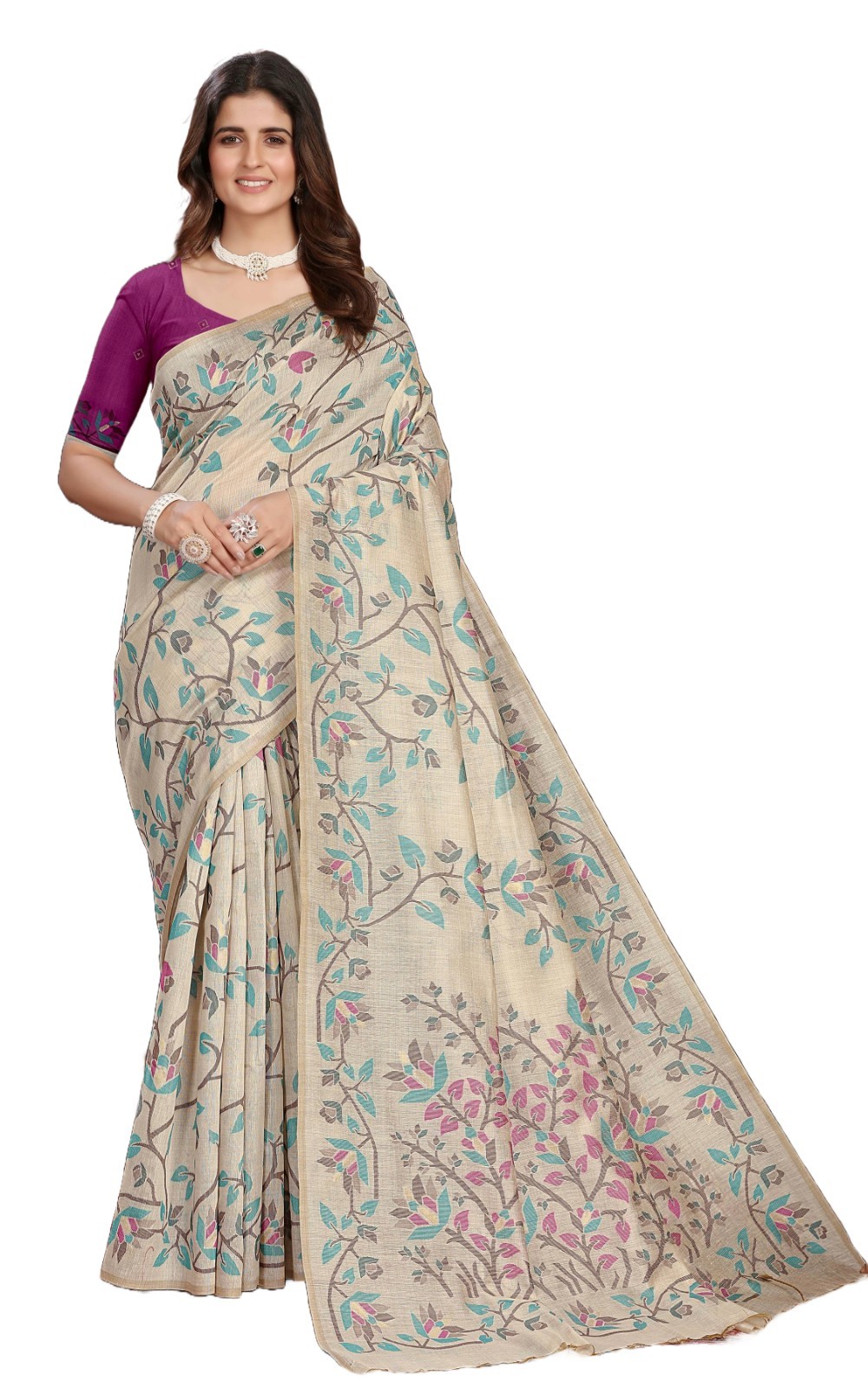 Traditional Soft Jamdani Saree Floral Handwoven Inspired Cotton Blend Women