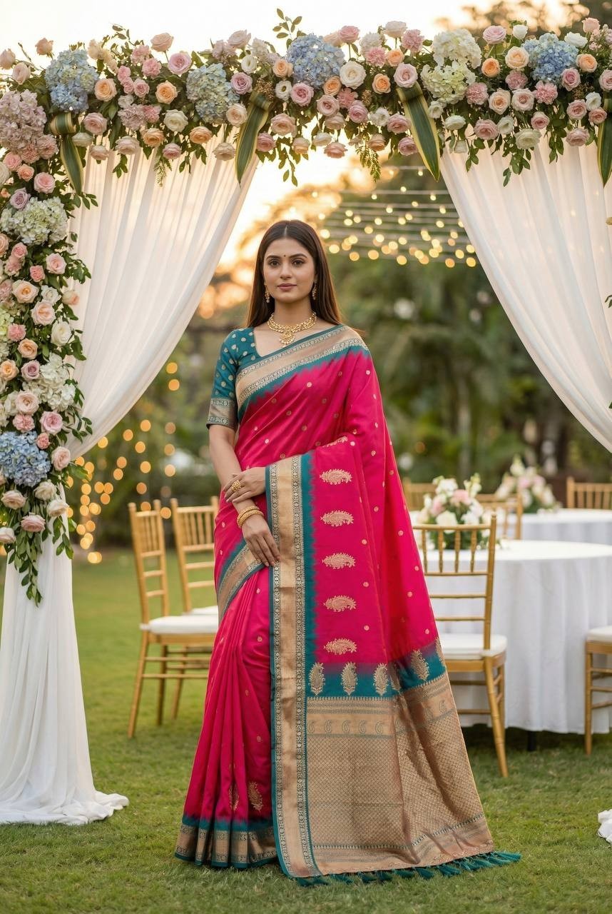 Stunning Look Soft Banarasi Silk Saree With Blouse For Wedding Wear