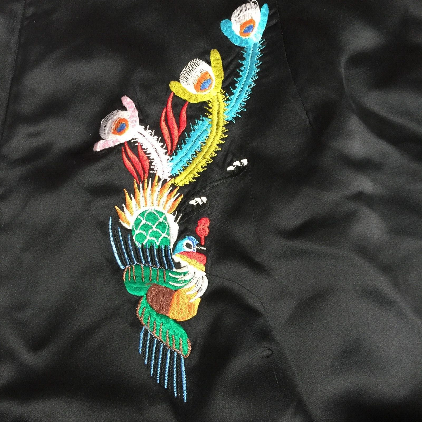 VINTAGE YI FANG BLACK SATIN EMBROIDERED DRAGON CHEONGSAM DRESS WOMENS 44 38″x56″