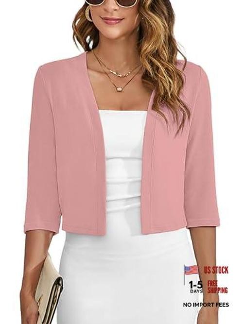 Heymoments Women’s Thin Shrugs 3/4 Sleeve Lightweight Cropped Medium D11-pink