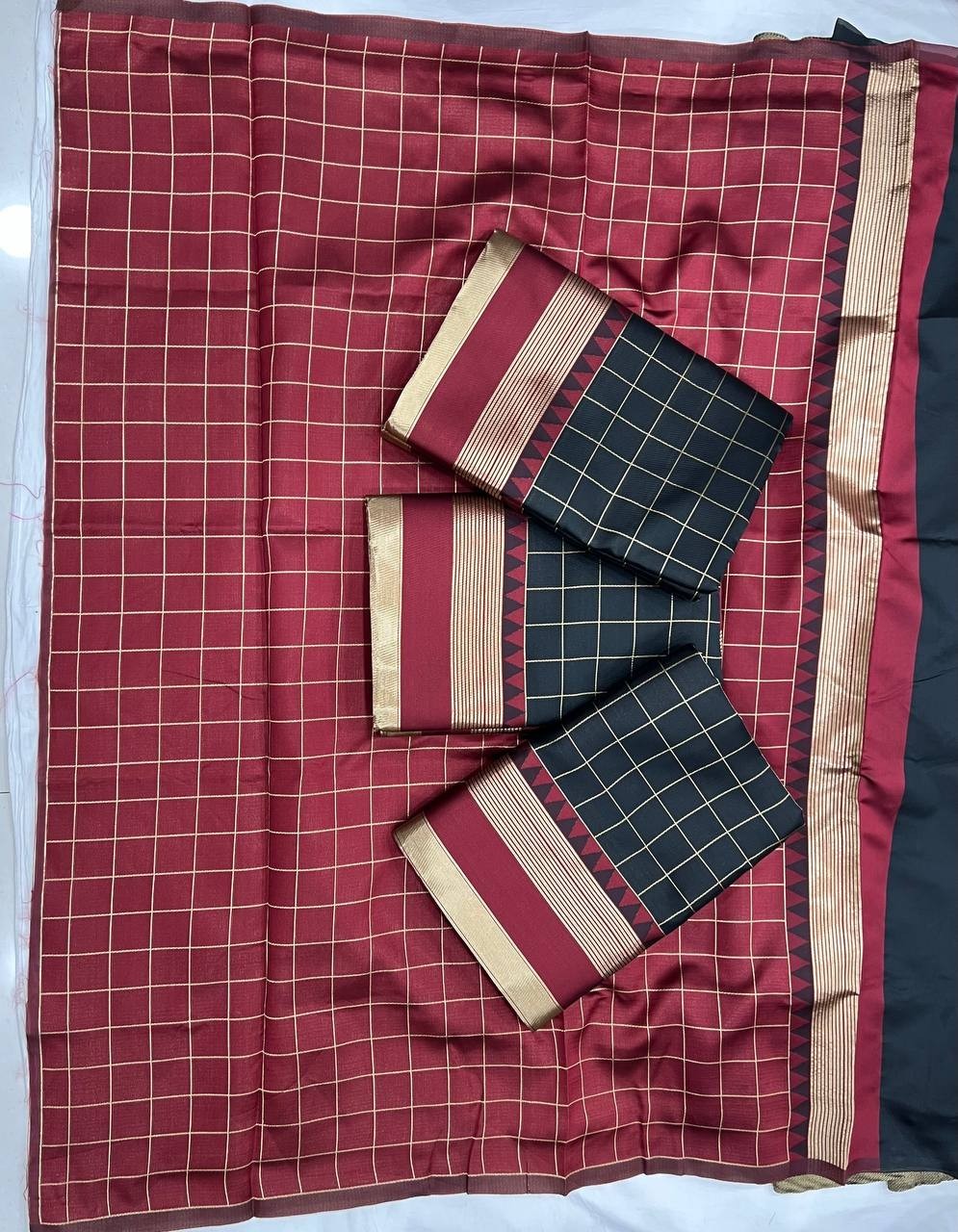 Black Saree with Maroon & Gold Design – Lichi Silk Jacquard Work