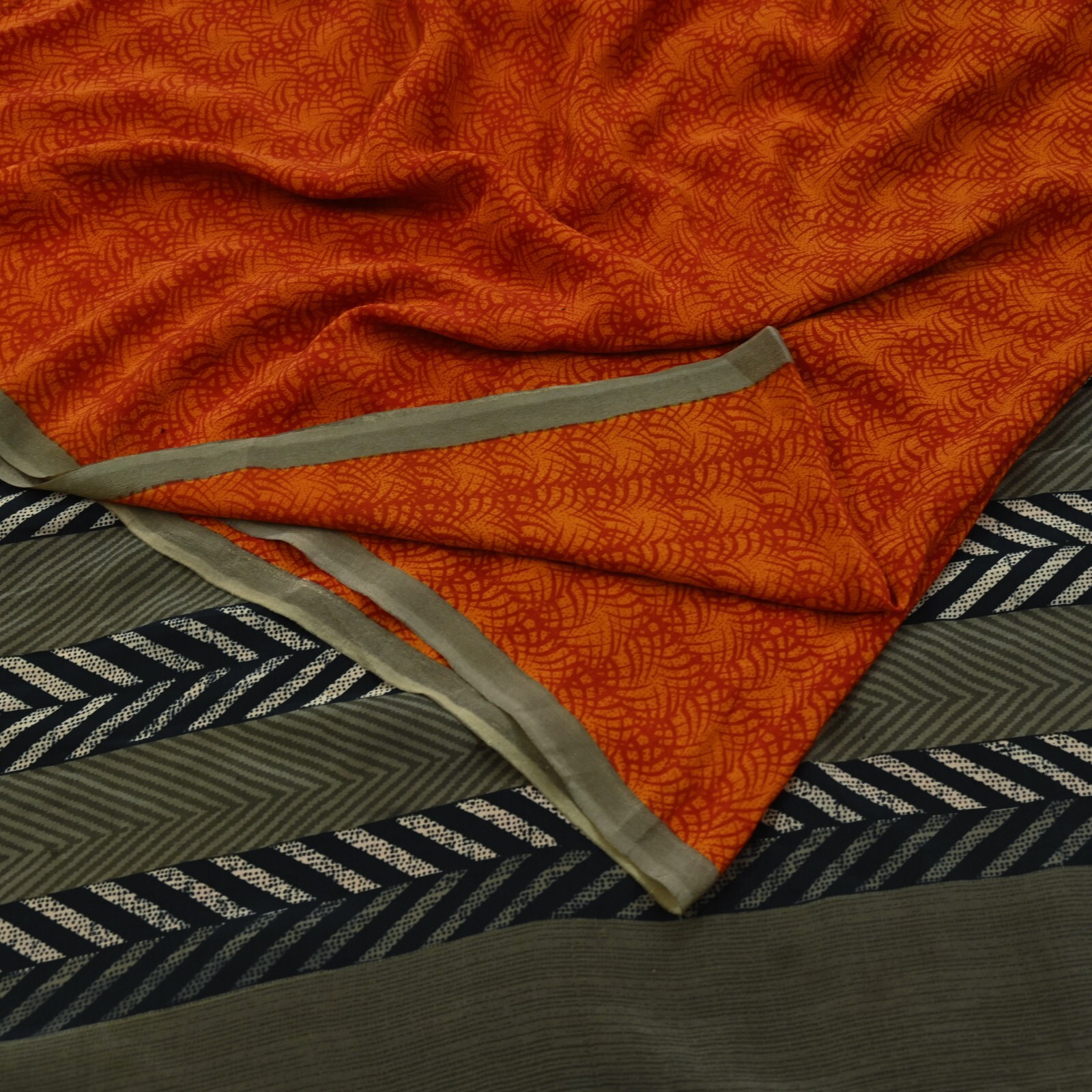 Vintage Sari Orange & Saffron Pure Crepe Silk Printed Sarees 5yd Sewing Fabric