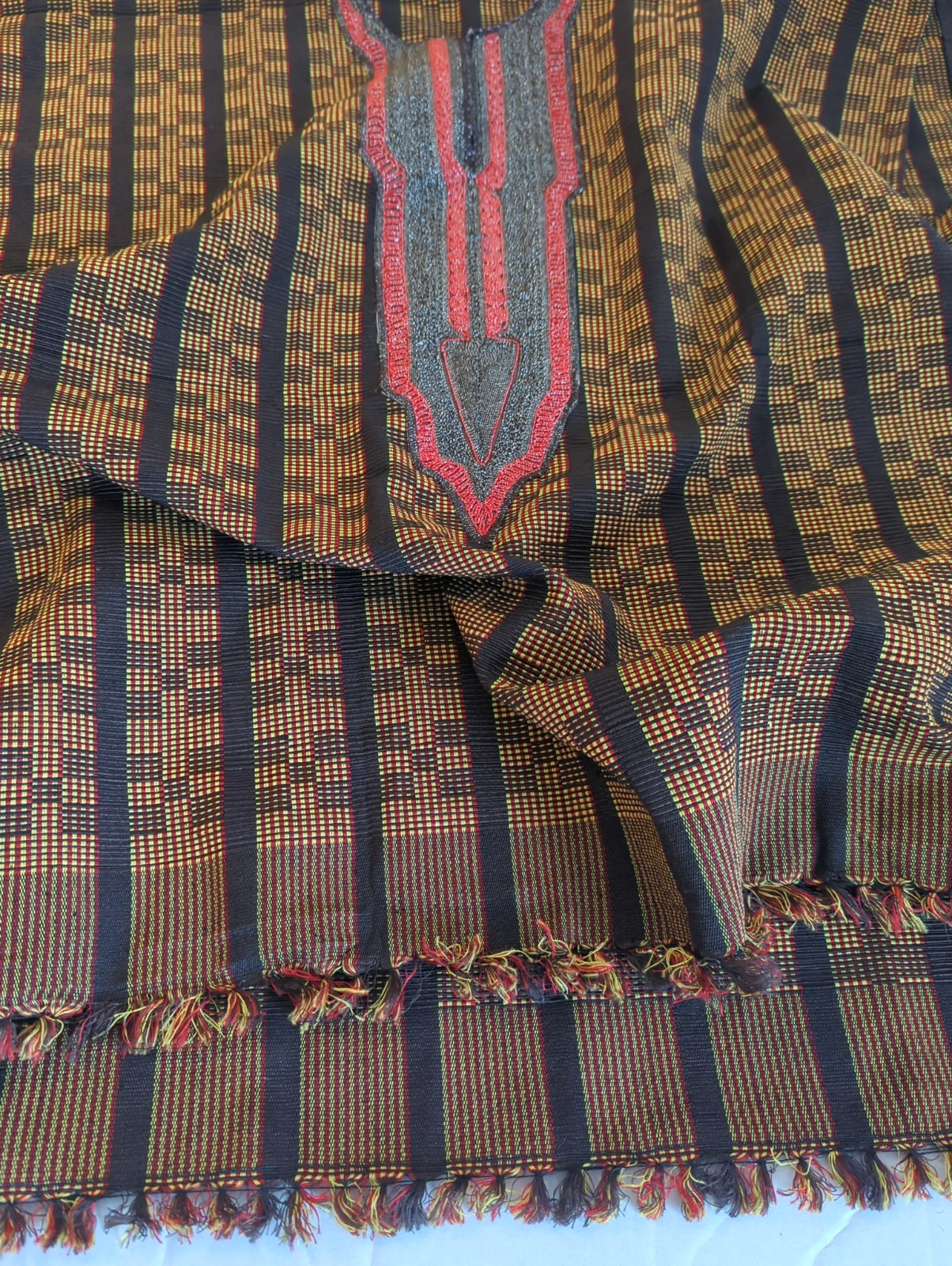 African Woven Embroidered Top XL Open Sides Metallic Thread Centerpiece Stunner