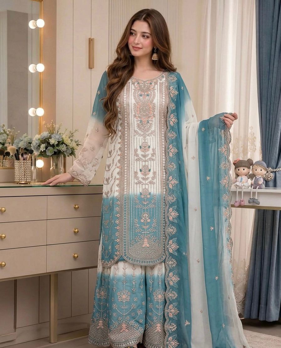 Unique Designer Star Georgette Kurta Palazzo With Dupatta For Wedding