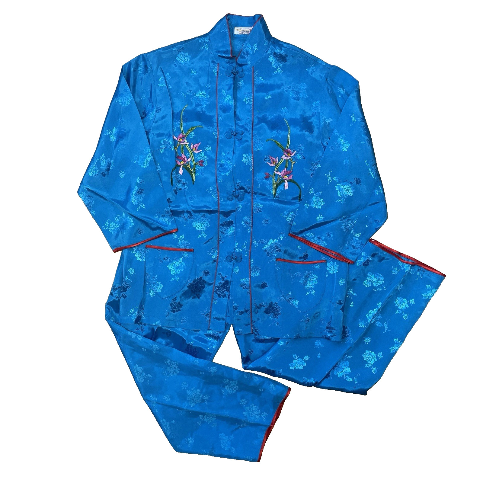 Asian Size Small Golden Bee Blue Chinese Traditional Outfit Pants + Shirt