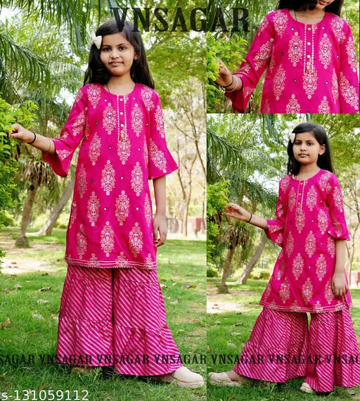 Bollywood Indian Girls Casual Kurta and Palazzo Set (Pink Pack of 1)