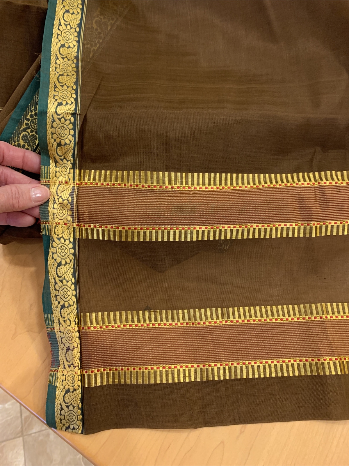 Vintage Brown Sari gold / green/ brown trim Singapore tag 47″ wide 18 feet long