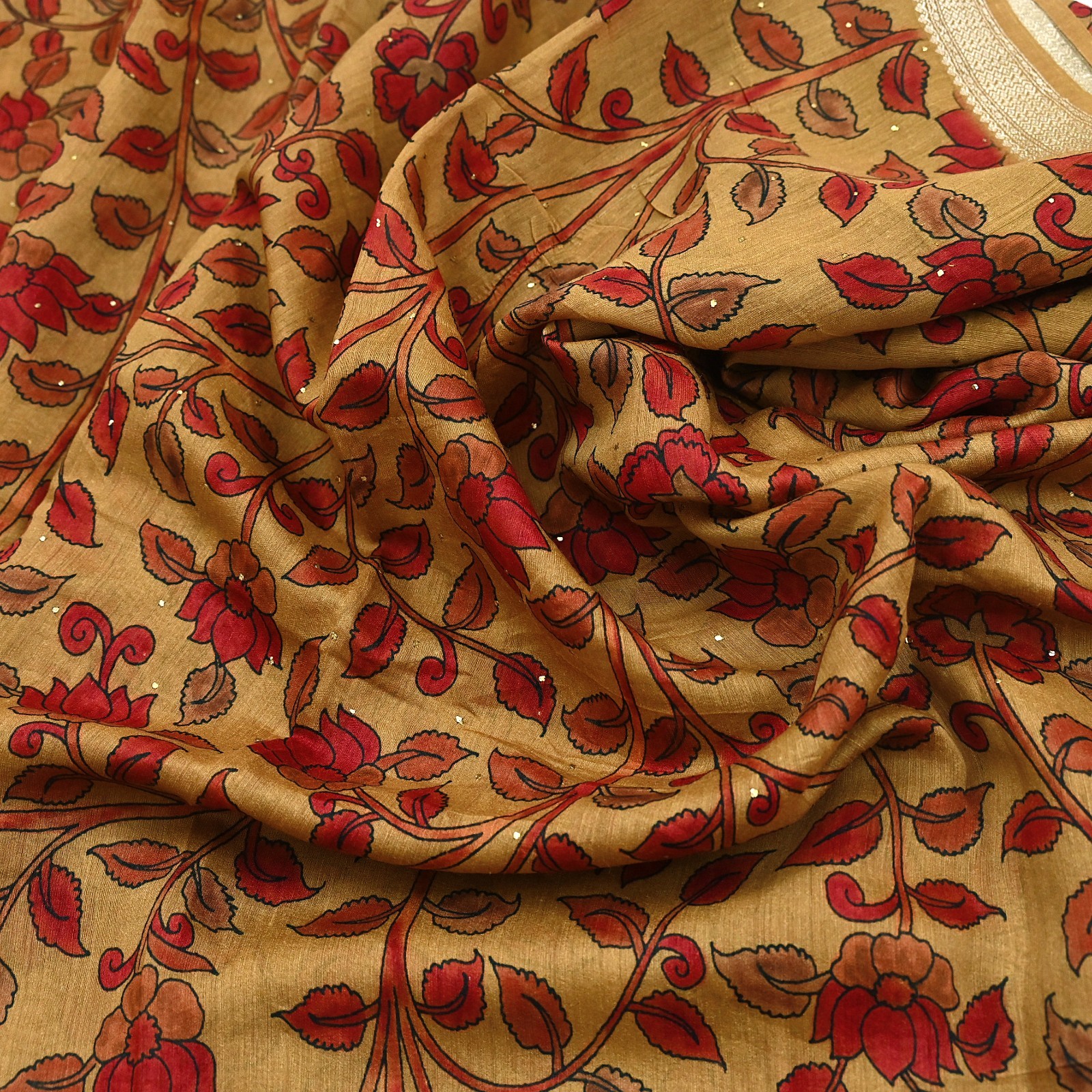 Indian Vintage Sari Pure chanderi Silk Kalamkari Print Saree Craft Fabric 5Yd