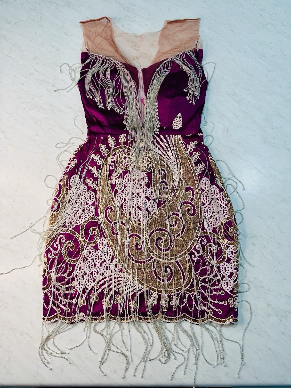 Handmade Purple Gold Embroidered Beaded Fringe Dress Sheer Mesh Neck Evening