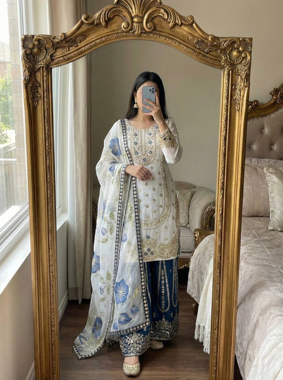 Latest New Silk Blue Kurta Palazzo With Dupatta For Indian Festival Wear