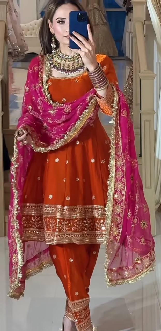 Trending Orange Silk Salwar Kameez With Faux Georgette Dupatta For Women