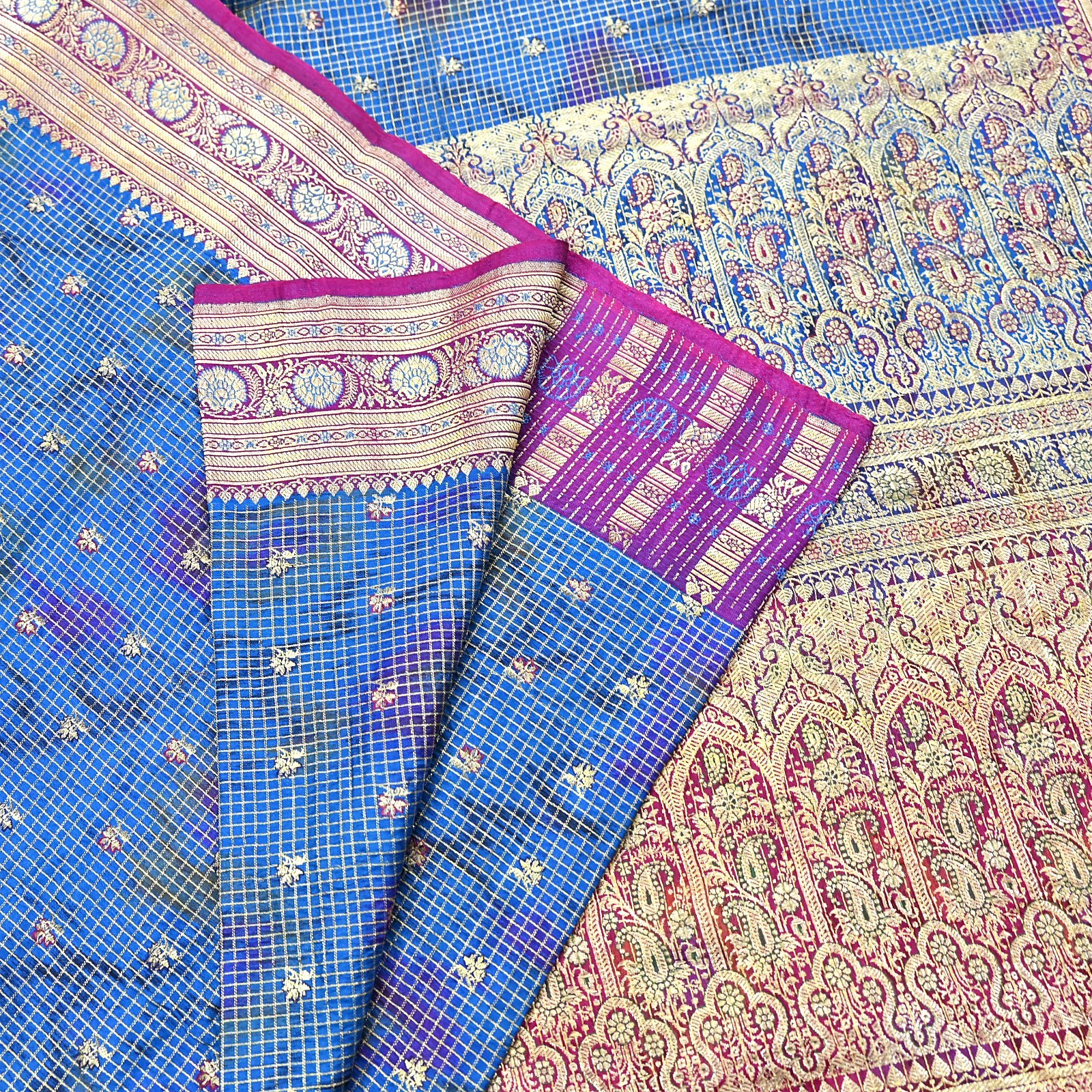 Indian Vintage Blue Heavy Sari Pure Satin Silk Woven Banarasi Tanchoi Saree 5yd