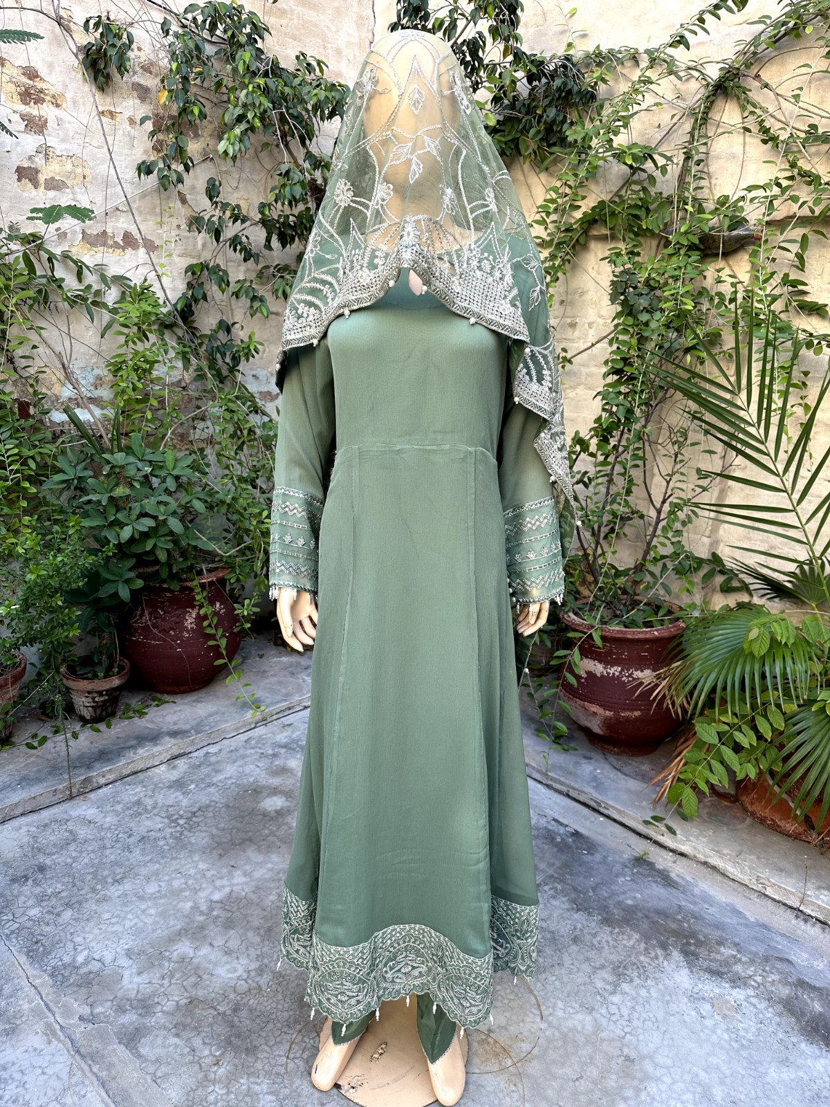 Pakistani Sage Green Long Style Embroidered Sequins fancy Chiffon Dress,XL