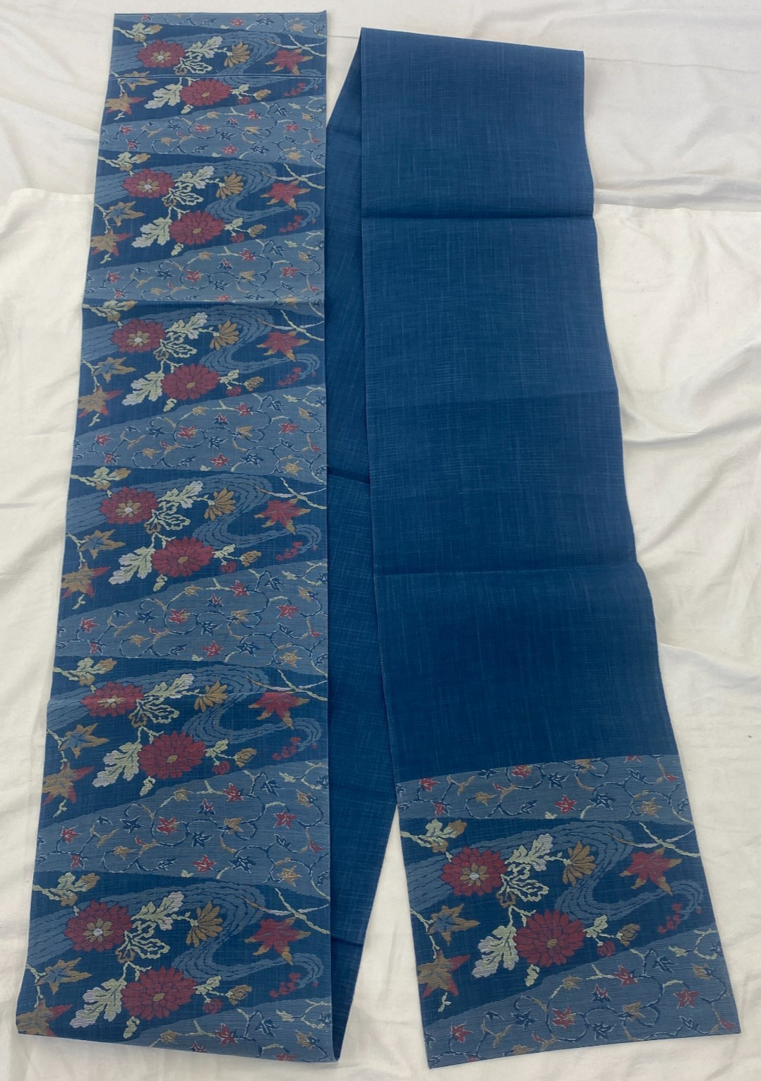 Japanese Vintage Kimono Fukuro Obi Silk Blue Traditional Embroidery 157 x 12 in