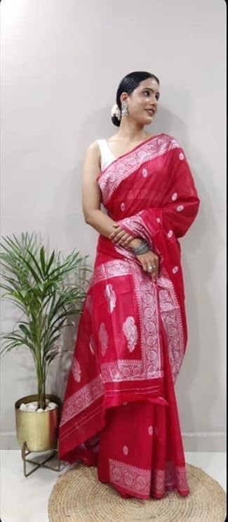 Women Kanjivaram Kanchipuram Soft Cotton Linen Silk Saree with Blouse Piece