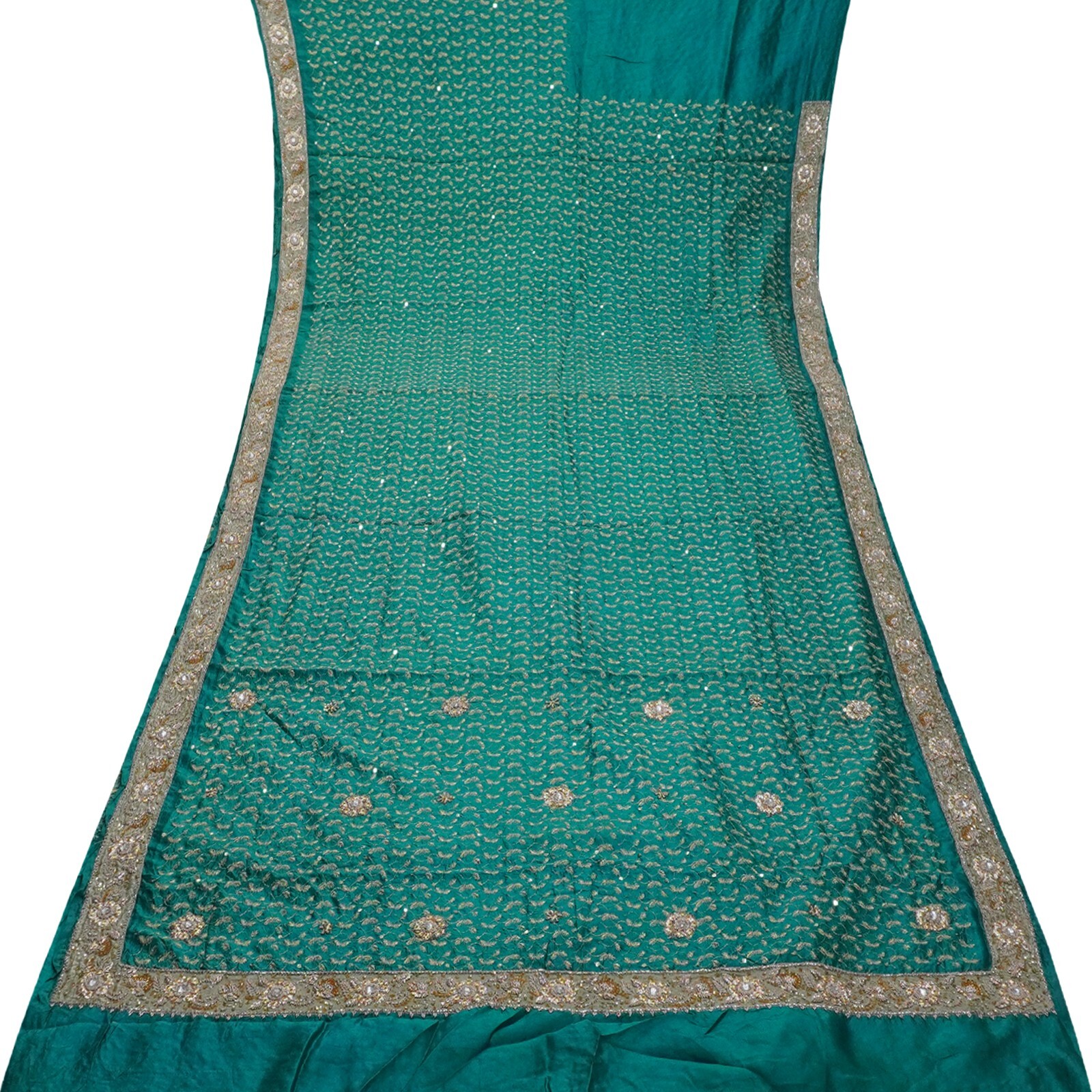 Vintage Teal Sarees 100% Pure Silk Hand Embroidered Heavy Sari 5YD Craft Fabric