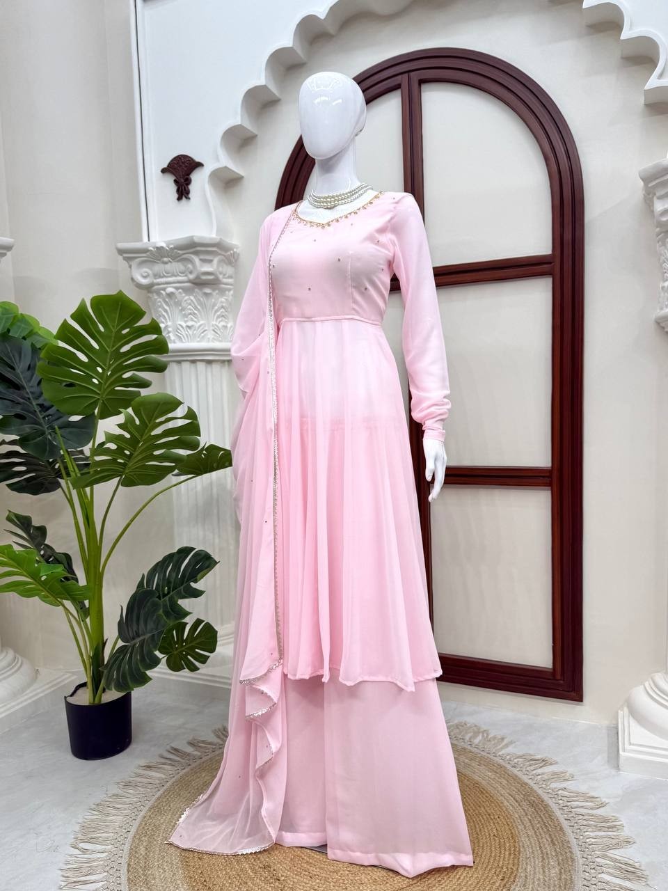 Women Pink Georgette Anarkali Kurti Palazzo Set Indian Salwar Kameez Suit