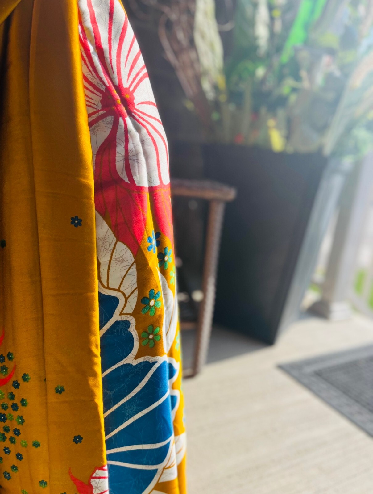 Pure Silk Batik Saree – Mustard Yellow with Red, White & Blue Floral Design