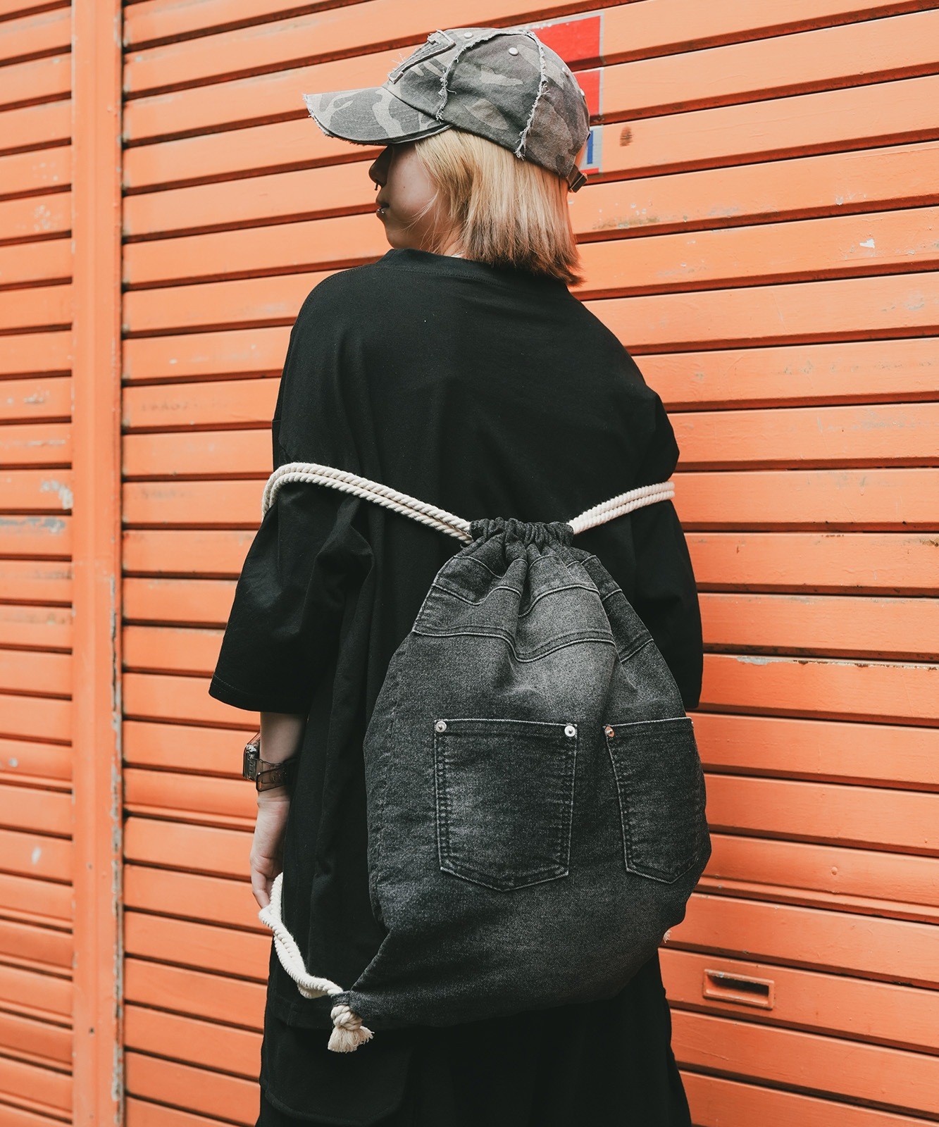 DEVICE Washed Denim Drawstring Backpack Unisex Vintage Finish RRD24049
