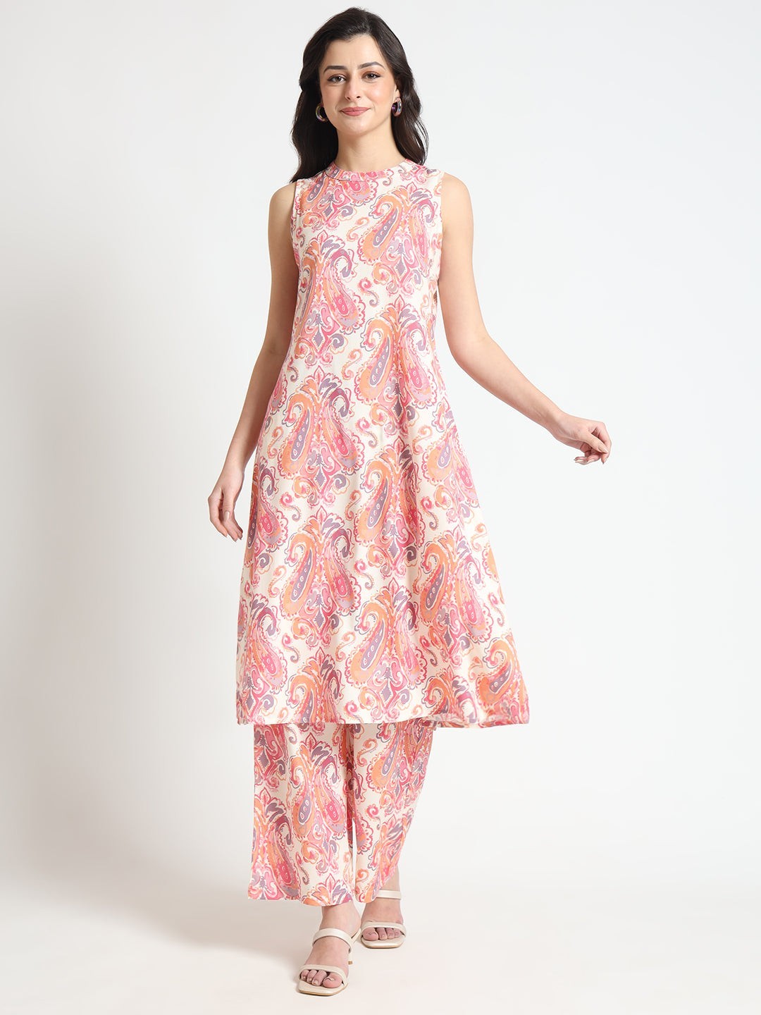 Cream Floral Print Rayon Fabric Co-Ord Set for Women Ethnic Wear Plus Size
