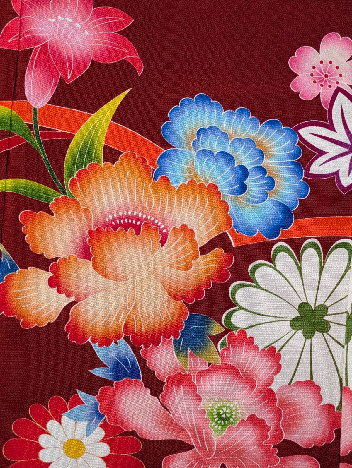 Japanese Kimono Silk Furisode Red Clouds Yuzen Colored Floral Big Oni-chirimen