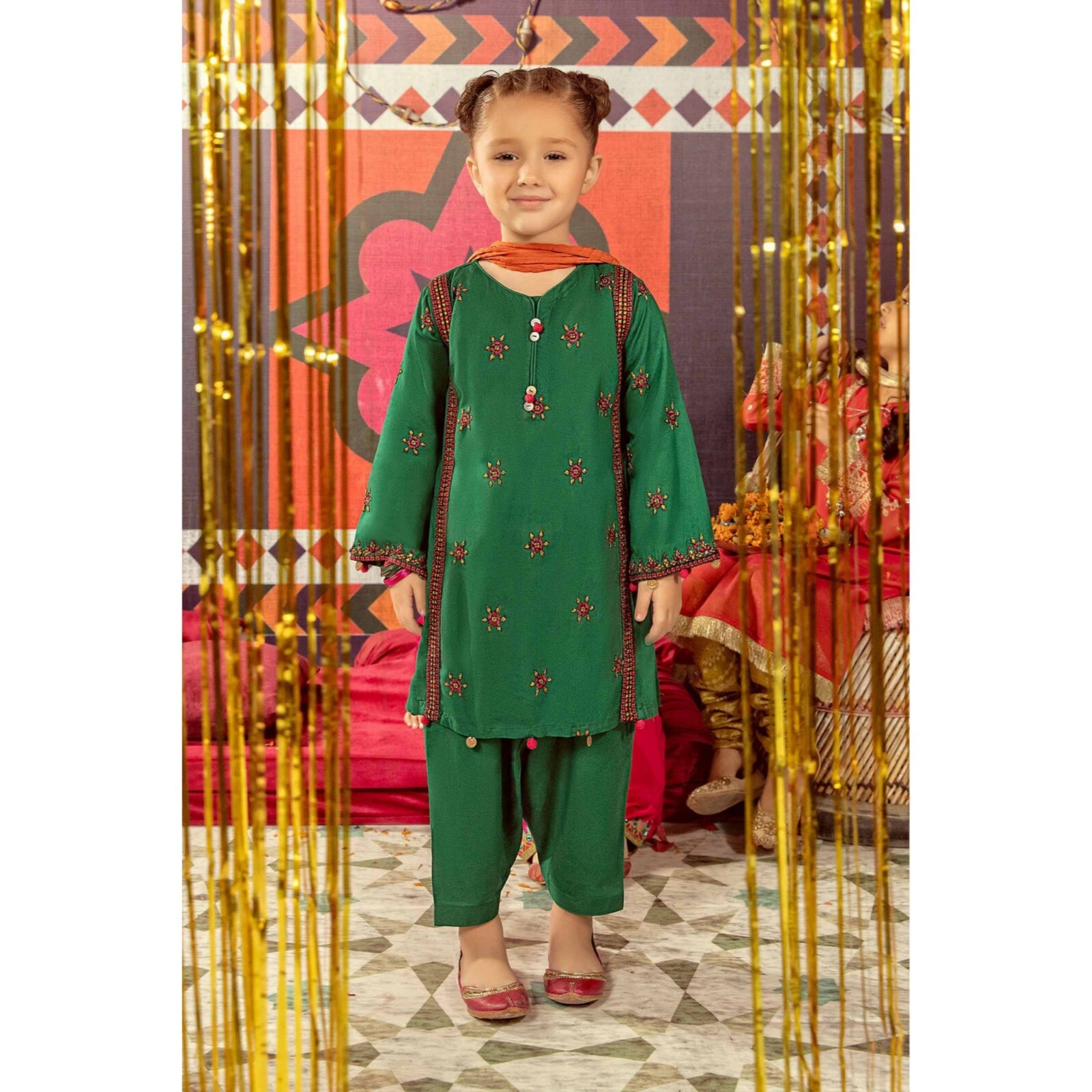 Maria B. Girls Pakistani 3 Piece Kameez Trouser Outfit, 2-4 Years, Green/Orange