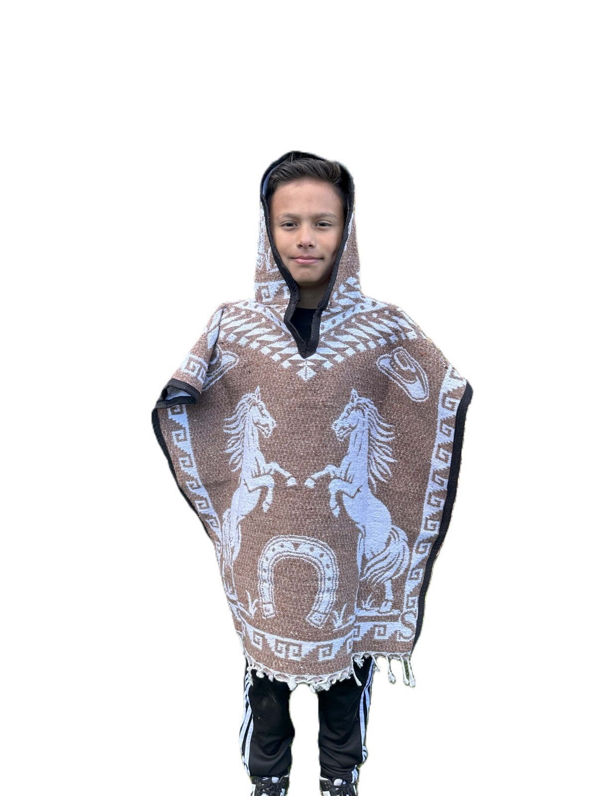 KIDS PONCHO, HOOD ,COSTUME , BLANKET GABAN ,6-12 YEARS , HORSES , TAN