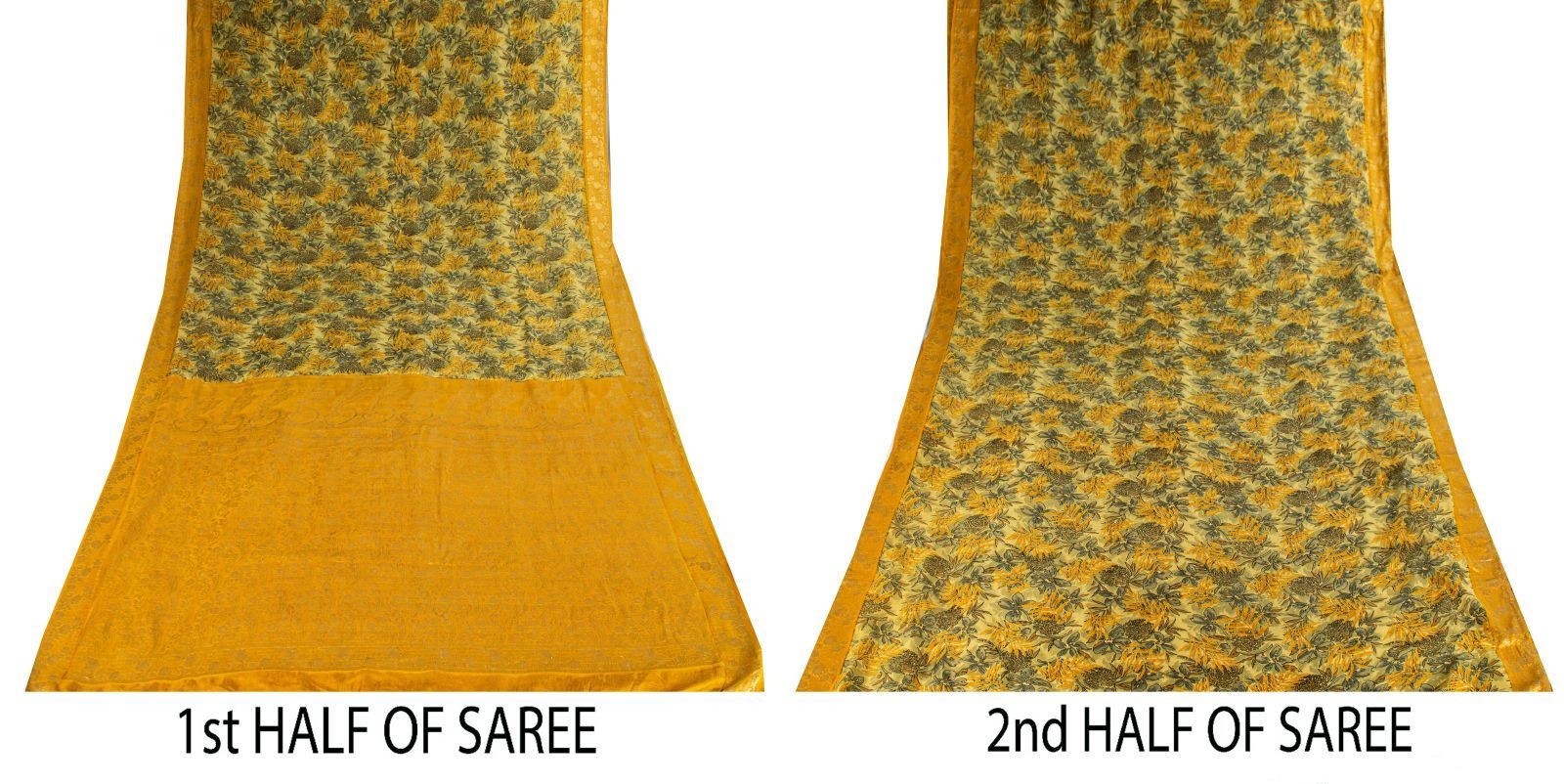 Sanskriti Vintage Saree Green-Yellow Soft Pure Silk Floral Print-Woven Sari 5.5Y