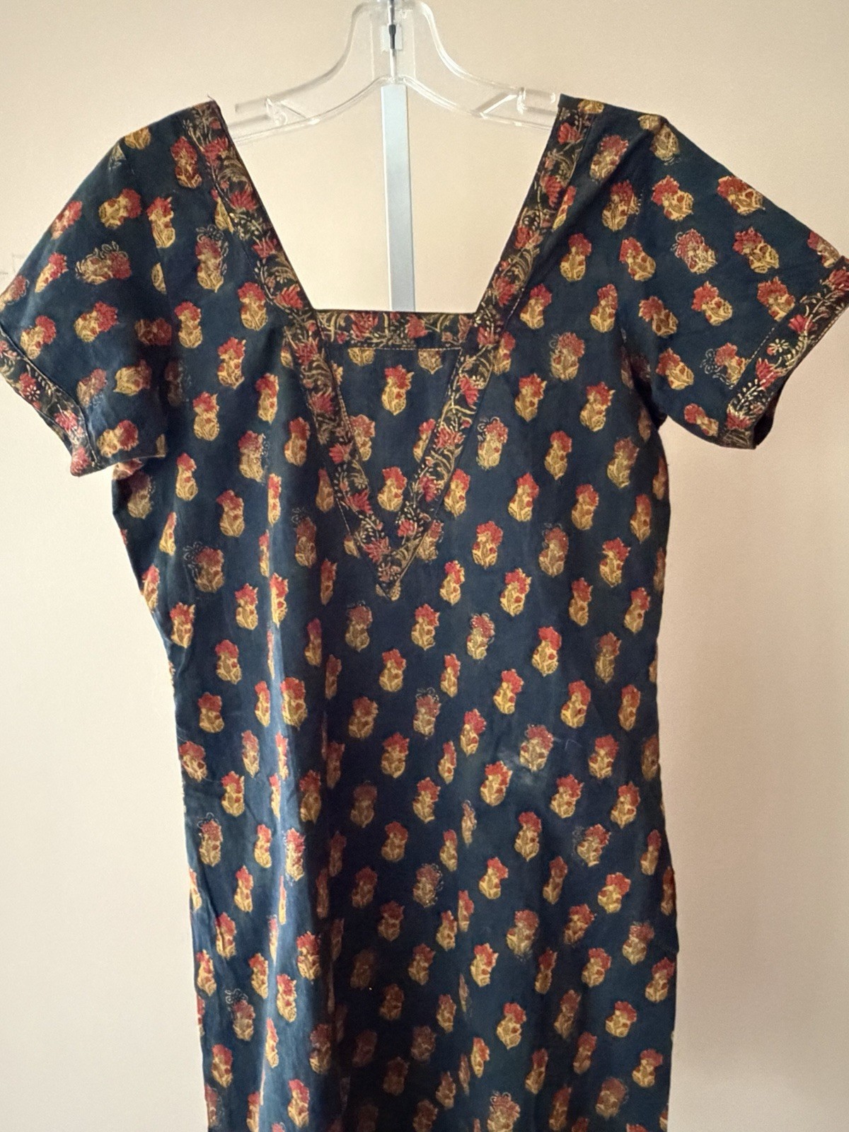 Hand Embroidered Indian Kurti Navy Beaded Tunic Dress Slit Sides Sz M Simple
