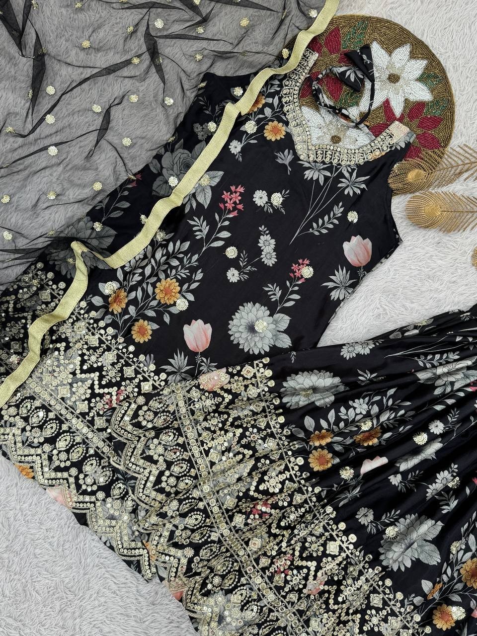 New Beautiful Black Chinon Silk Top Palazzo With Dupatta For Women And Girls