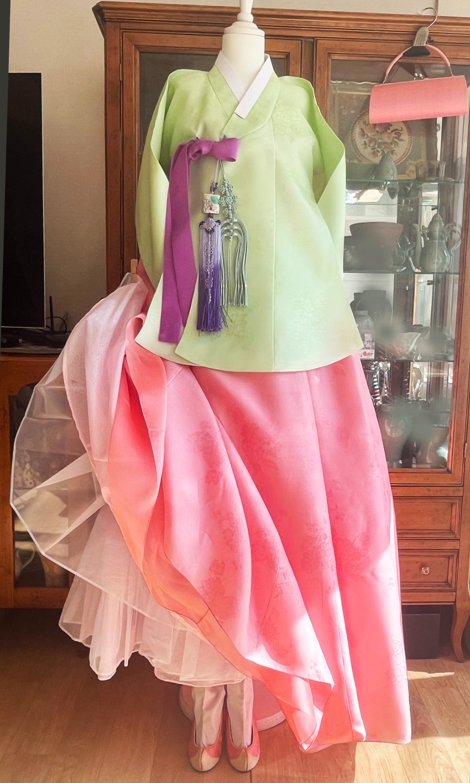 Korean Traditional Dress Dangui Hanbok Set-Green & Peach/Petticoat 2 Norigae Bag