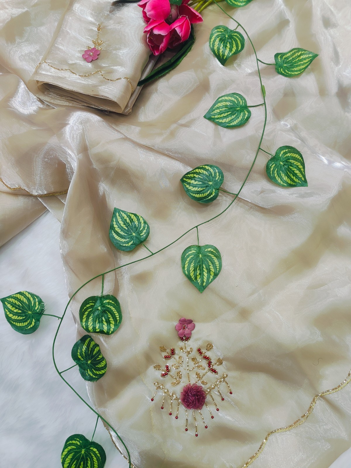 Bollywood Beige Saree Handwork Pearl Embroidery Party Wear Indian Sari