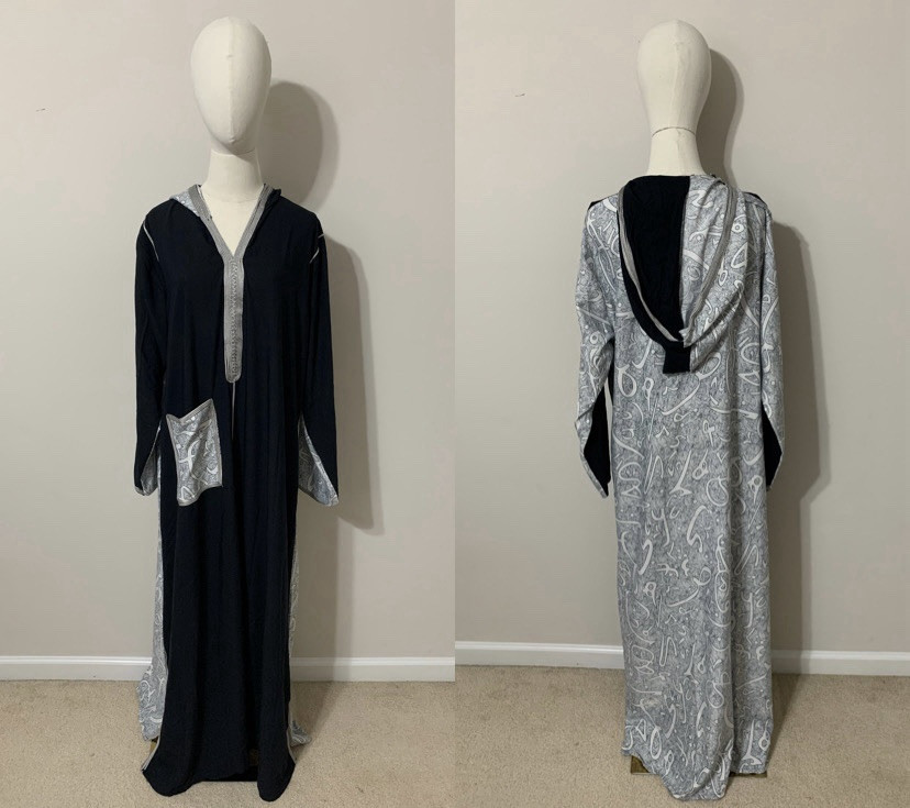 Black / White with Navy Blue Arabic Design Moroccan Dress / Traditional Abaya