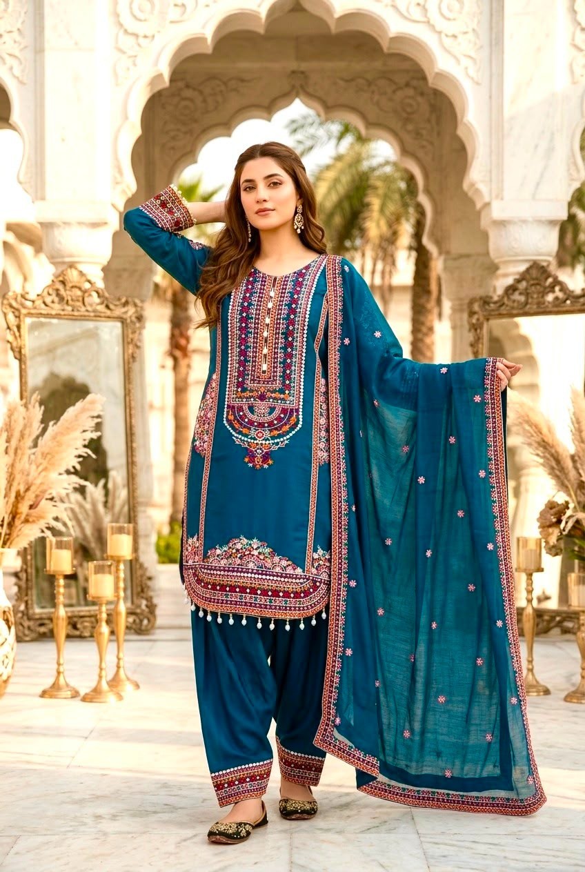 Designer Heavy Mal Chanderi Embroidered Palazzo Suit Set Mirror Work Women