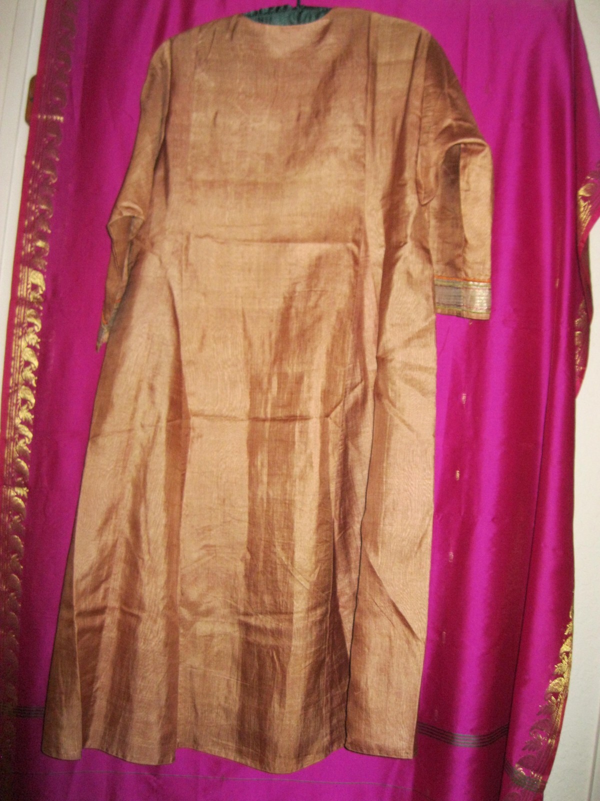 INDIA, SILK GARMENT SZ. M., MANGO COLORED W/ GOLD THREAD FRONT, 3/4 SLEEVES