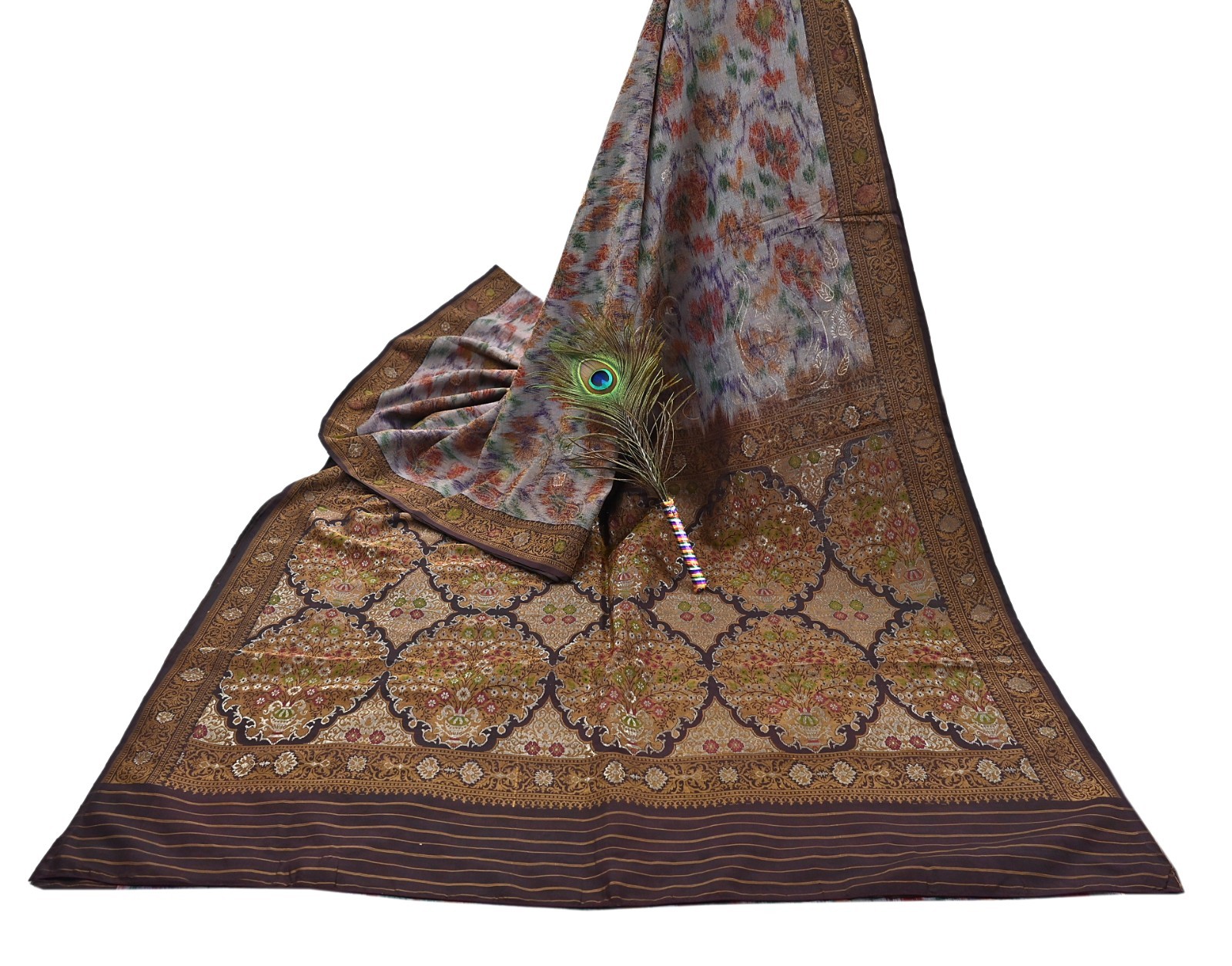 Indian Vintage Heavy Saree Brown & Multi 100% Pure Silk Hand Woven Ikat Sari 5yd