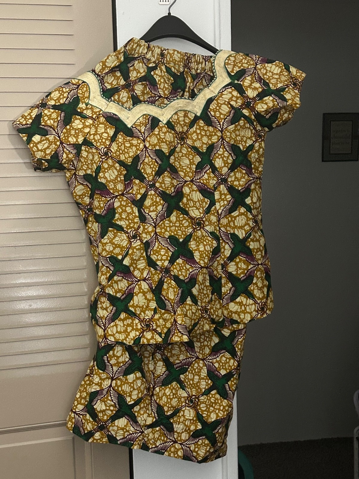 Women’s African Print 2-Piece Skirt Set Yellow Green Ankara Embroidered Top Hand