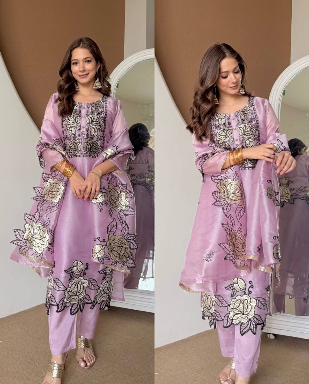 Stunning Mul Chanderi Lilac Salwar Kameez With Dupatta For Party Wear